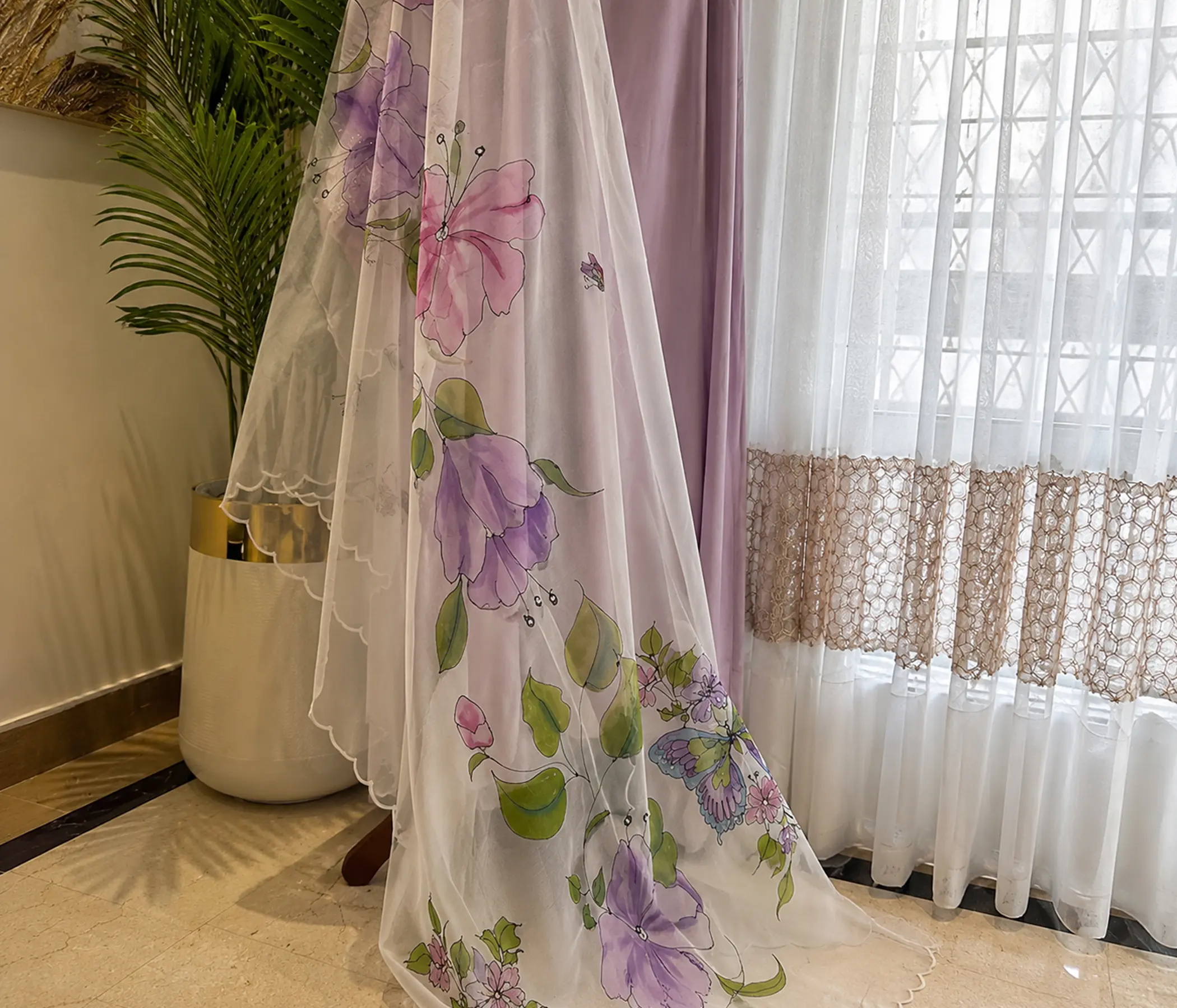 Lavender, Floral hand painted organza dupatta